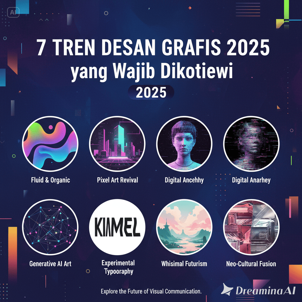 Kolase tren desain grafis 2025, tipografi eksperimental, desain 3D, dan warna gradien vibrant.