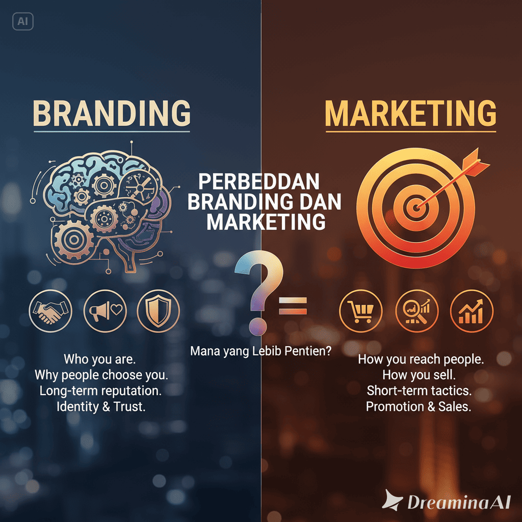Kolase perbedaan branding dan marketing, logo perusahaan vs strategi iklan digital.