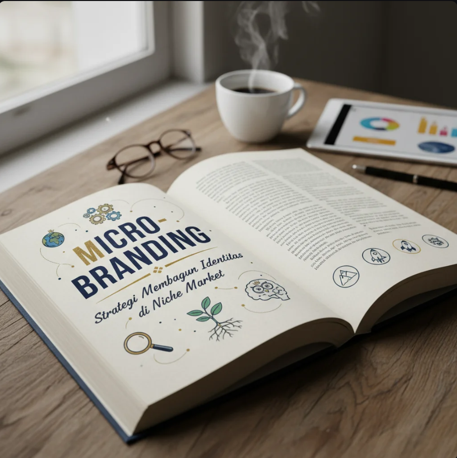 Seorang pengusaha muda sedang mengembangkan micro-brand dengan strategi digital di laptop dan papan ide visual.