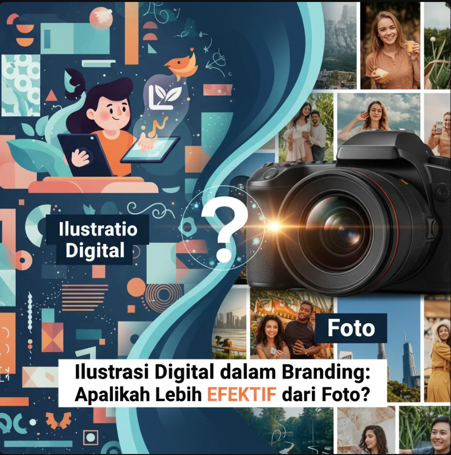 Desainer membuat ilustrasi digital di tablet dengan warna cerah dan elemen branding modern.