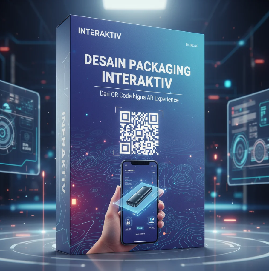 Kemasan produk modern dengan QR Code dan tampilan AR 3D yang muncul dari smartphone.