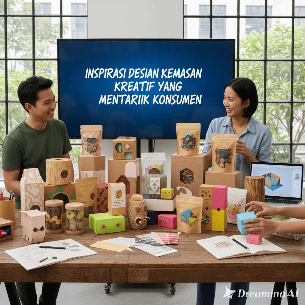 lustrasi berbagai desain kemasan kreatif: minimalis, artistik, ramah lingkungan, dan interaktif.