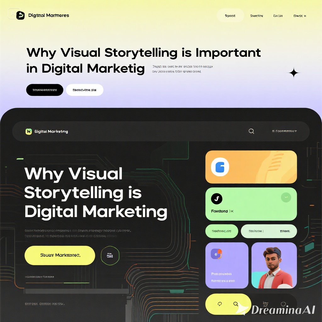 Ilustrasi visual storytelling dengan elemen video, grafik, dan konten media sosial.