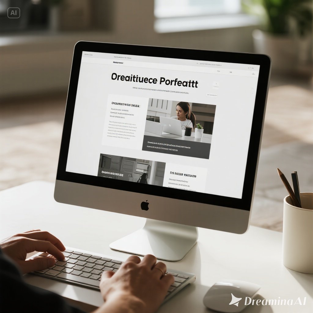 Ilustrasi portofolio kreatif online dengan laptop dan karya desain ditampilkan secara digital.