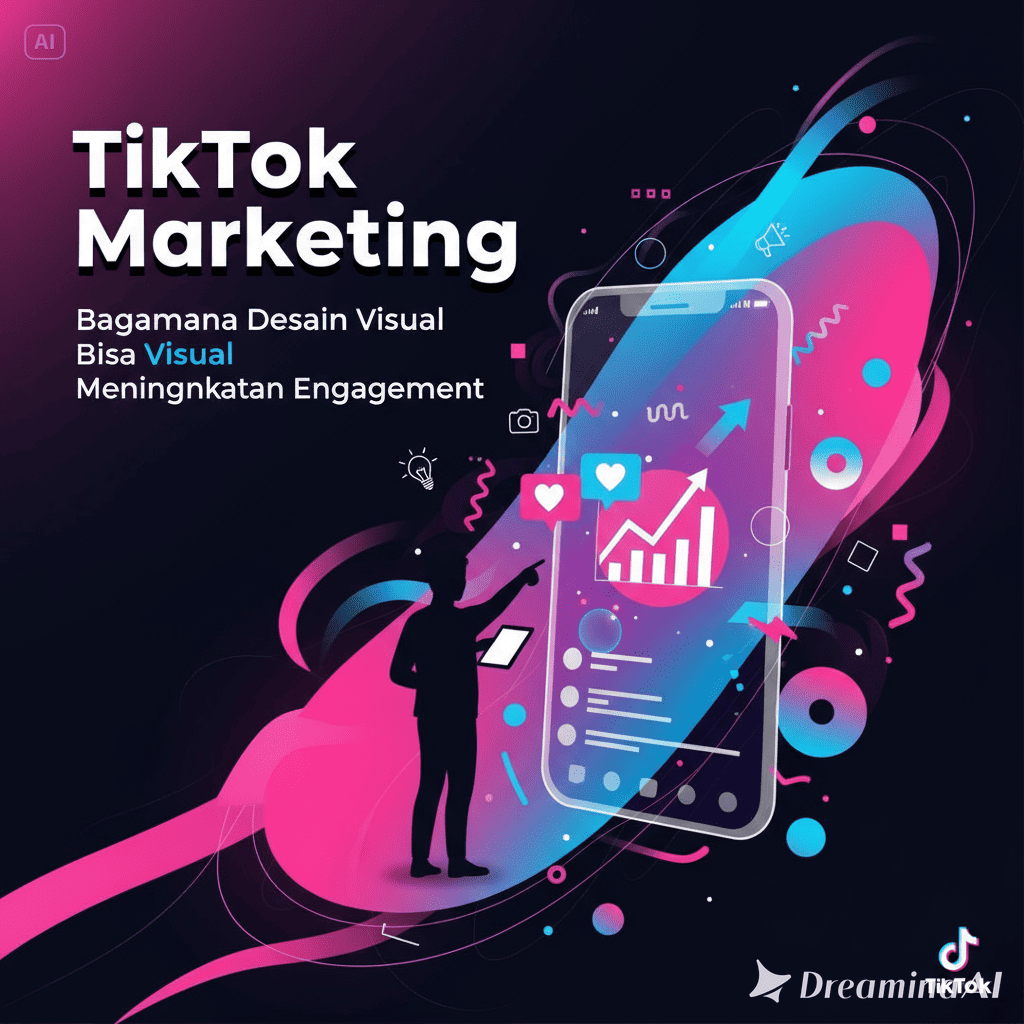 Ilustrasi desain visual konten TikTok dengan smartphone, ikon musik, dan elemen grafis kreatif.