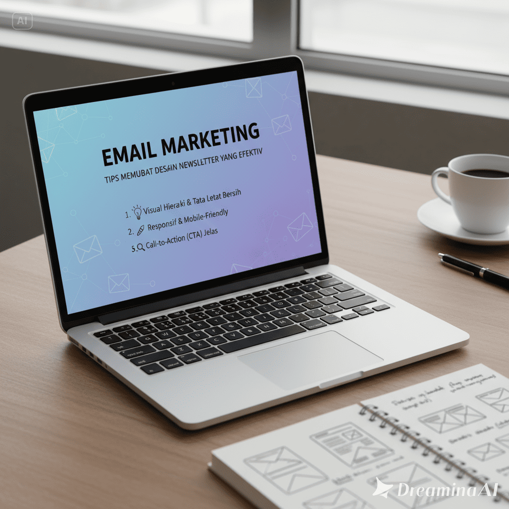Desain newsletter email marketing modern dengan laptop, ikon email, dan tombol CTA.