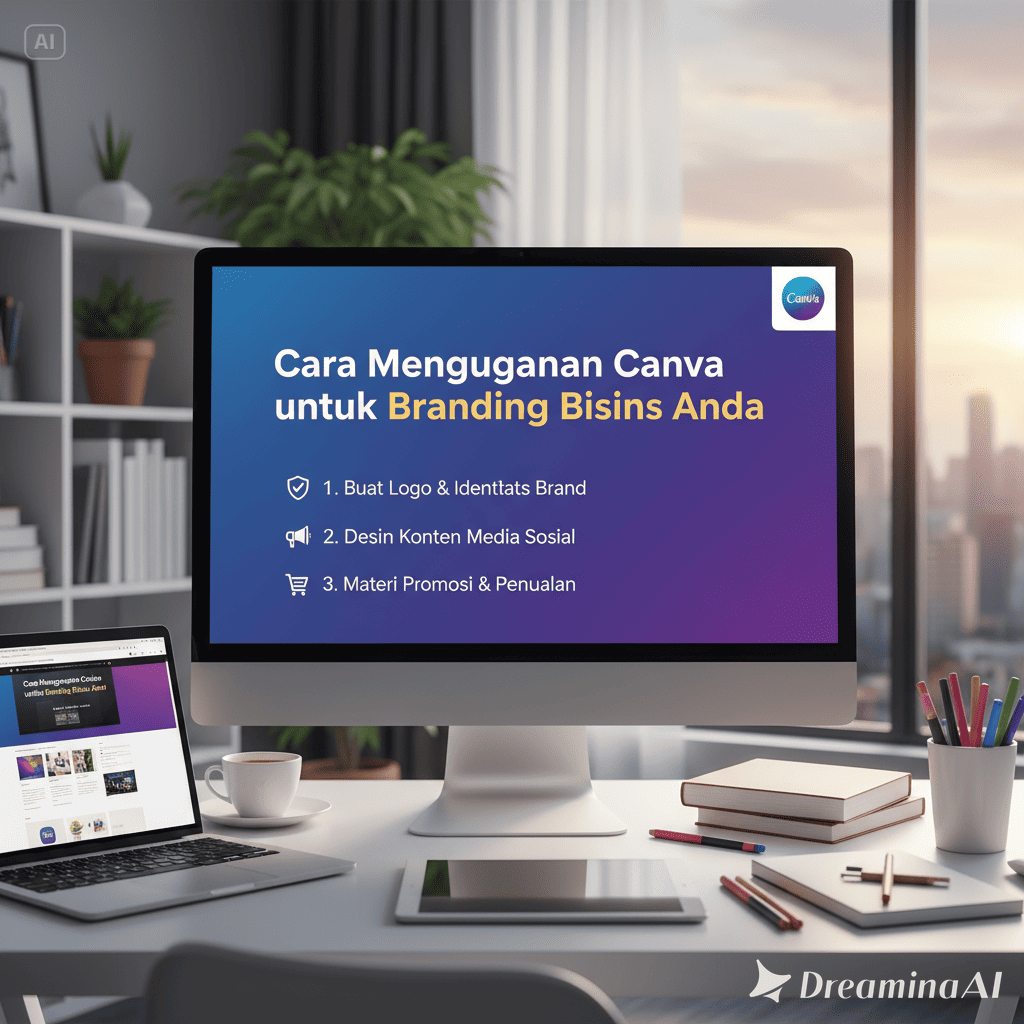 Ilustrasi seseorang menggunakan Canva di laptop untuk membuat desain branding bisnis, seperti logo dan konten media sosial.