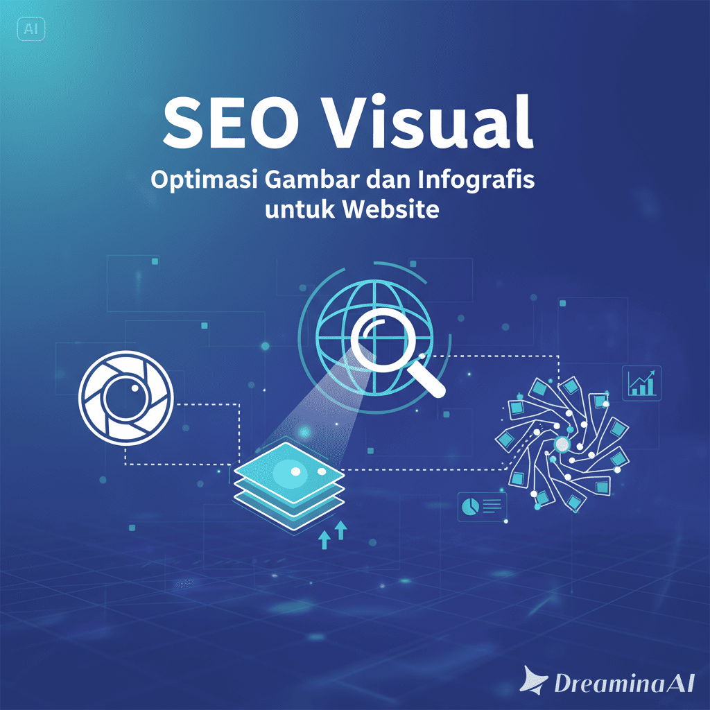 Ilustrasi optimasi gambar dan infografis untuk SEO website, menampilkan grafik, ikon, dan simbol digital.