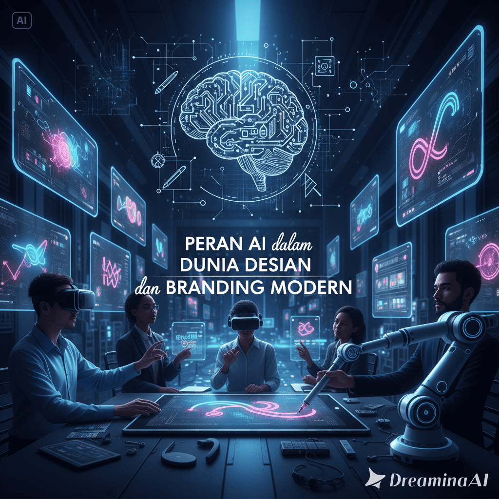 Ilustrasi AI membantu desainer membuat branding modern dengan logo, warna, dan visual digital.