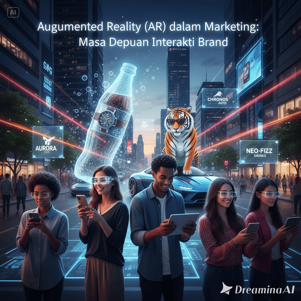 Ilustrasi penggunaan Augmented Reality dalam marketing dengan smartphone dan interaksi digital.