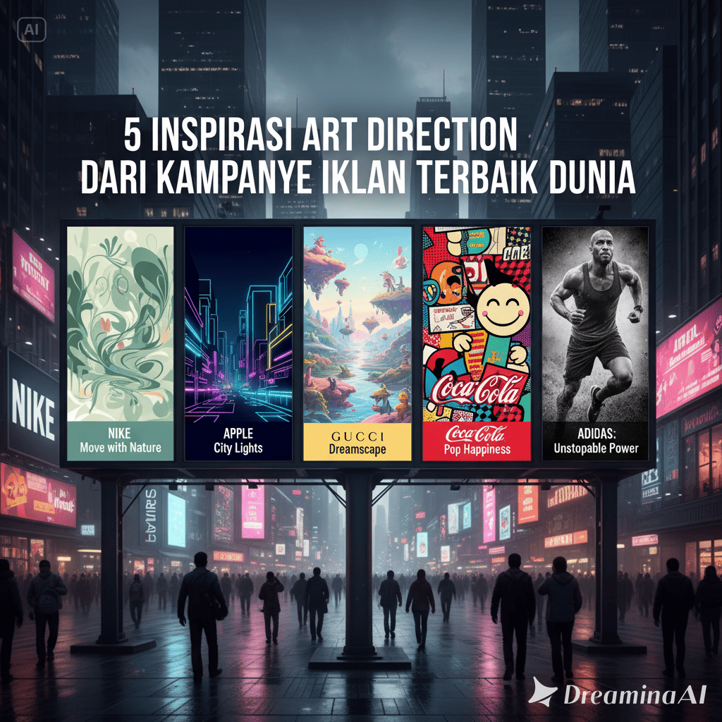 Kolase visual kampanye iklan dunia seperti Apple, Nike, dan Dove dengan komposisi desain kreatif.