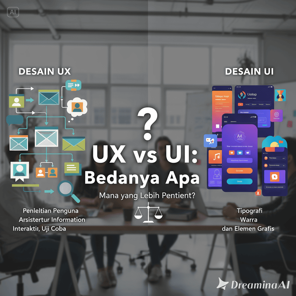 Ilustrasi perbandingan UX dan UI design dengan ikon interaksi pengguna dan tampilan visual di layar digital.