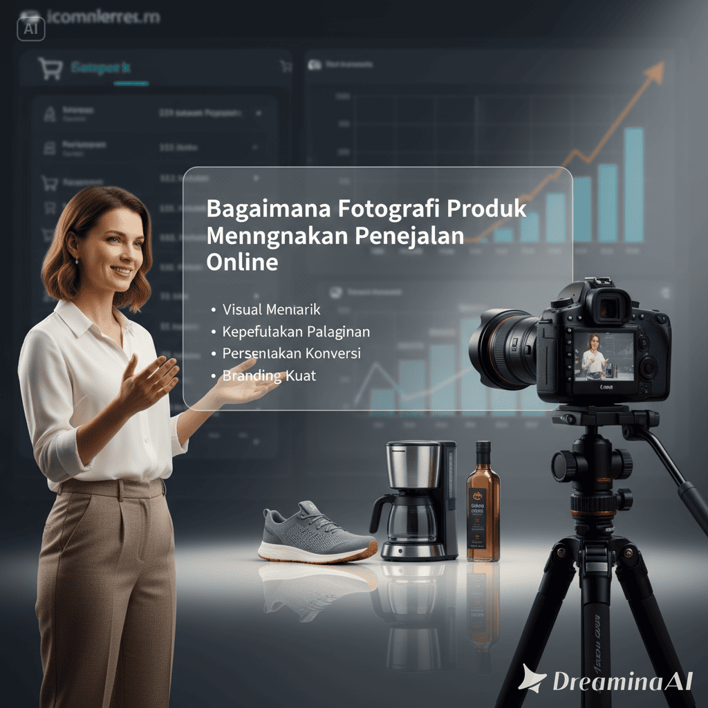 Ilustrasi studio fotografi produk dengan pencahayaan lembut, kamera profesional, dan meja display putih minimalis.
