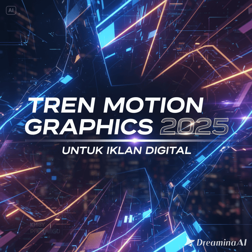 Ilustrasi motion graphics modern dengan elemen 3D, tipografi animasi, dan warna neon dalam layar digital.