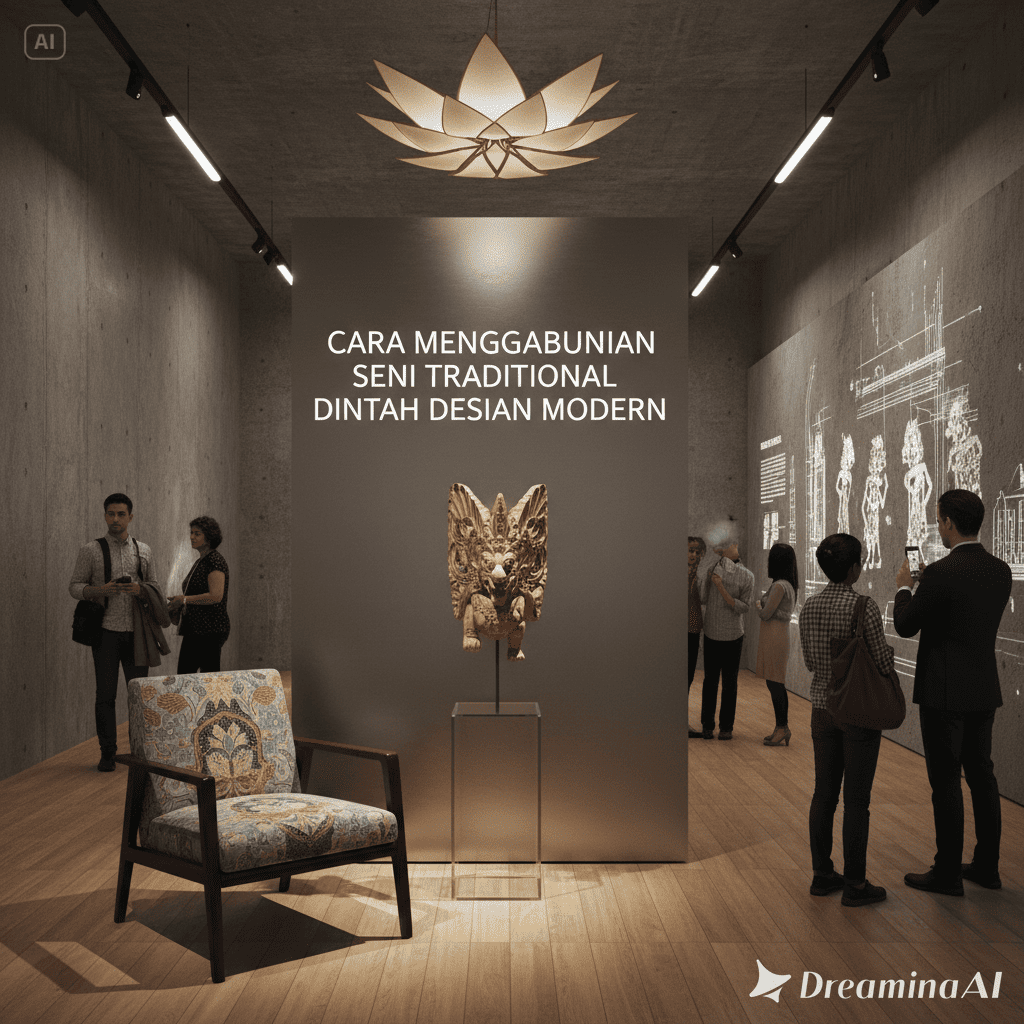 Ilustrasi ruangan bergaya modern dengan elemen seni tradisional seperti ukiran kayu dan kain batik.