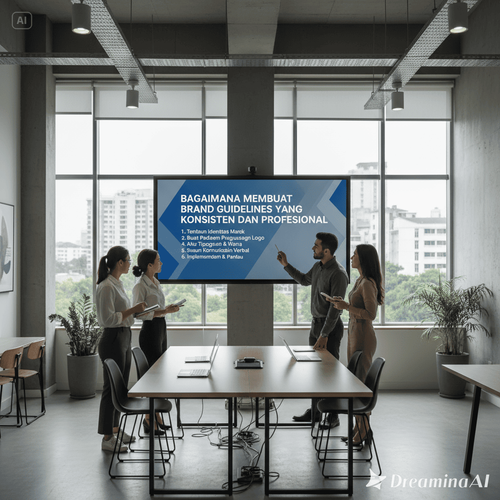 Ilustrasi buku panduan brand dengan contoh logo, palet warna, dan tipografi di meja kerja desain.