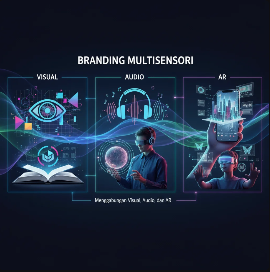 Visual holografik 3D dengan elemen cahaya, suara, dan AR yang menggambarkan branding interaktif masa depan.