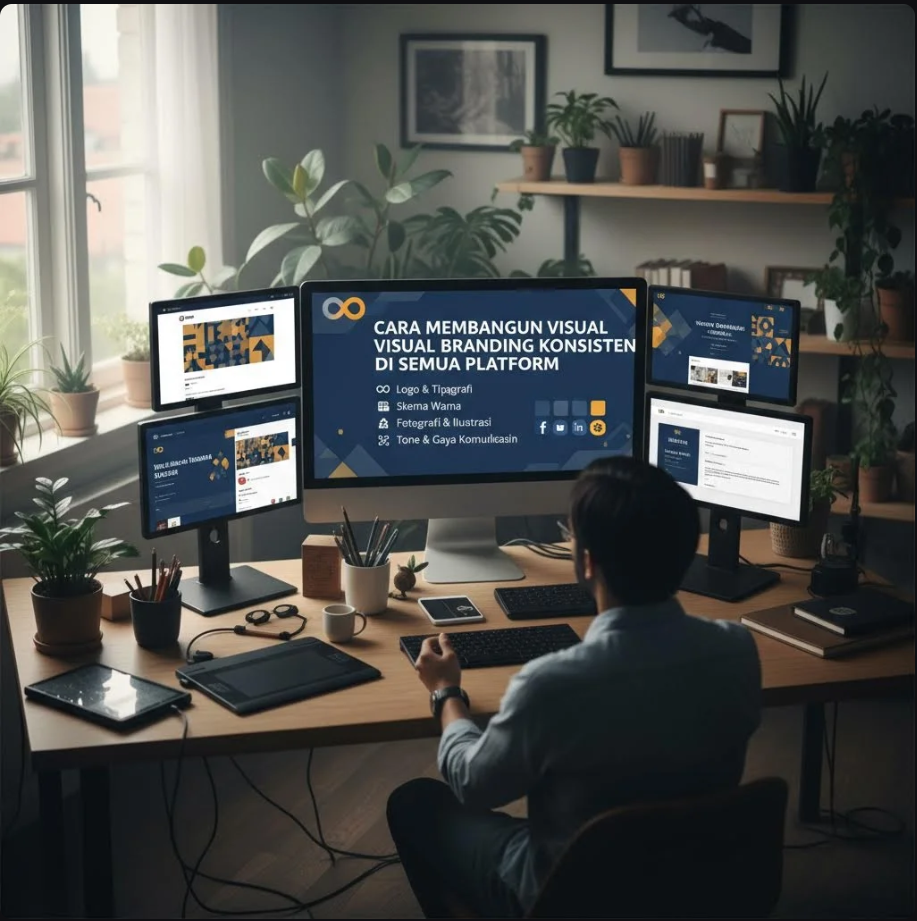 Contoh elemen visual branding konsisten seperti warna, font, dan layout di berbagai platform digital