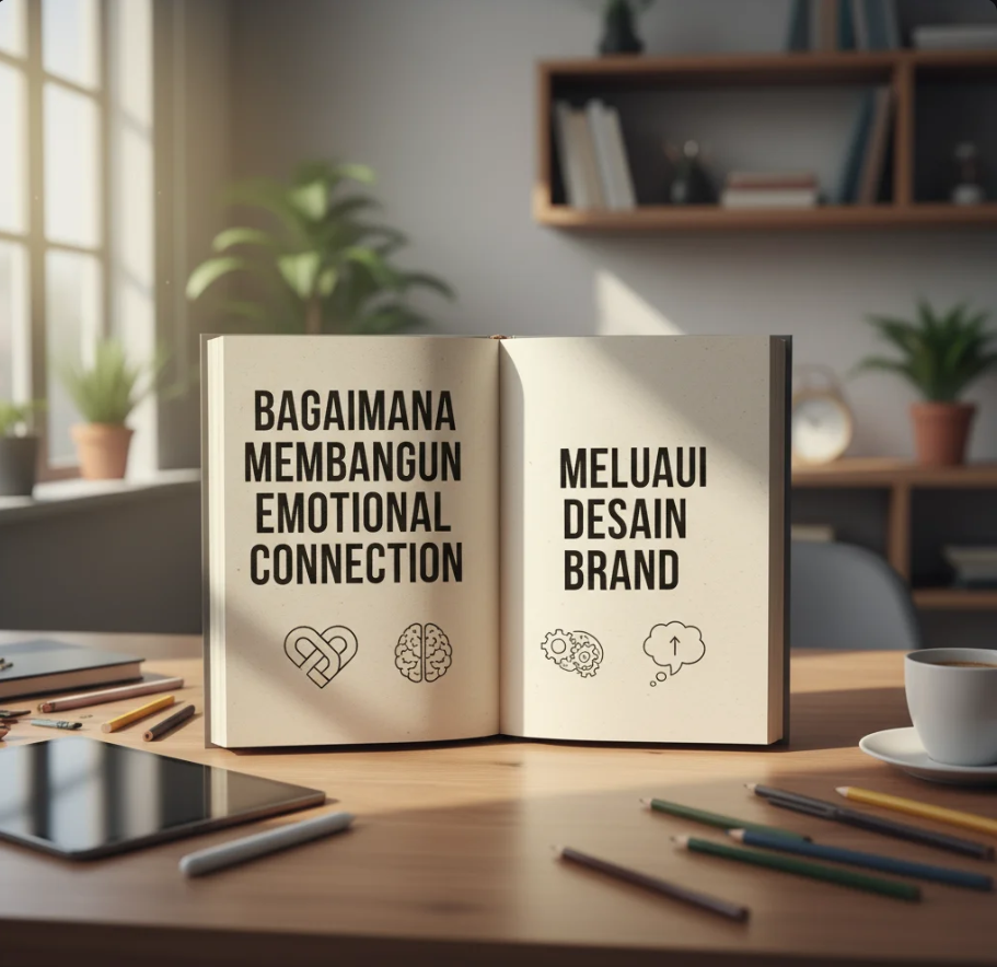 Desainer merancang logo dengan palet warna hangat dan papan mood visual di studio kreatif modern.