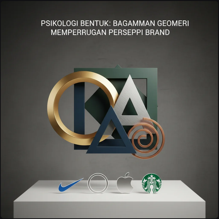 Ilustrasi bentuk-bentuk geometris seperti lingkaran, segitiga, dan persegi dalam desain branding modern.