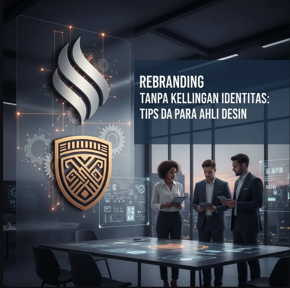 Tangan desainer menggambar logo baru di atas konsep lama, melambangkan proses rebranding yang berkelanjutan