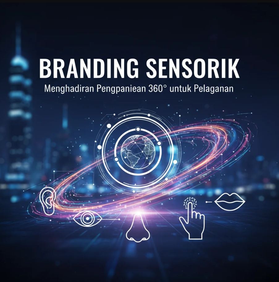 Representasi visual dari lima indra manusia yang terhubung ke elemen branding modern seperti logo, suara, dan aroma.