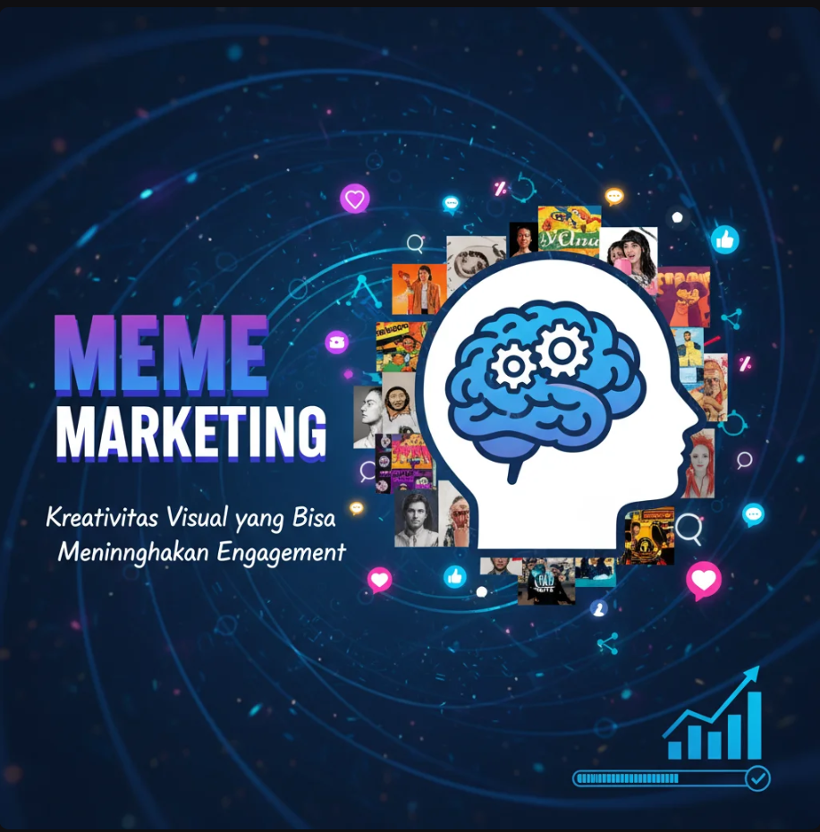 Desainer digital membuat meme di layar laptop dengan ekspresi kreatif, dikelilingi ikon media sosial