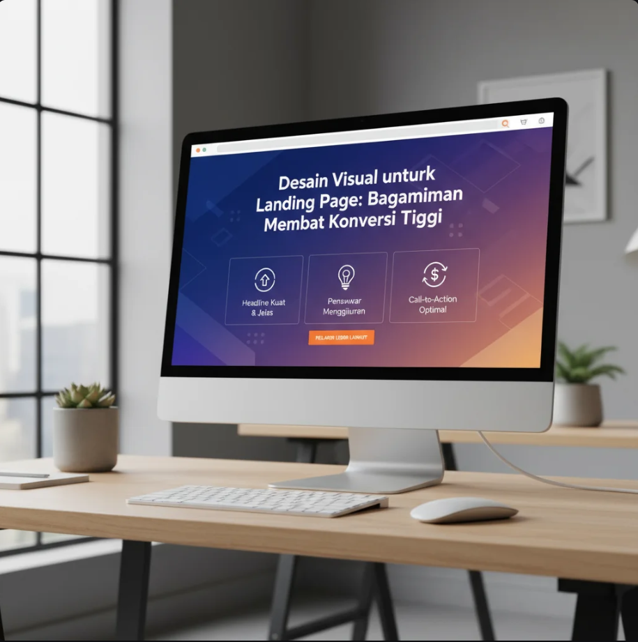 Desainer digital sedang membuat layout landing page modern dengan elemen CTA dan grafik visual di layar laptop.