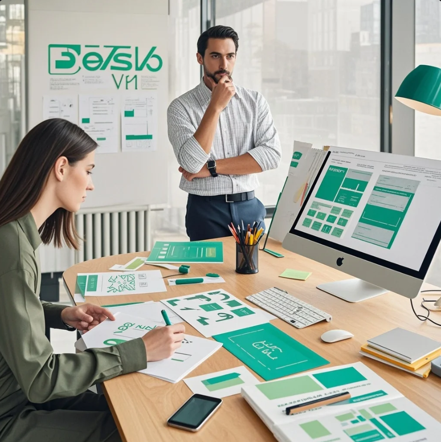 Ilustrasi desainer dan copywriter bekerja sama membangun brand dengan papan moodboard, laptop, dan catatan kreatif