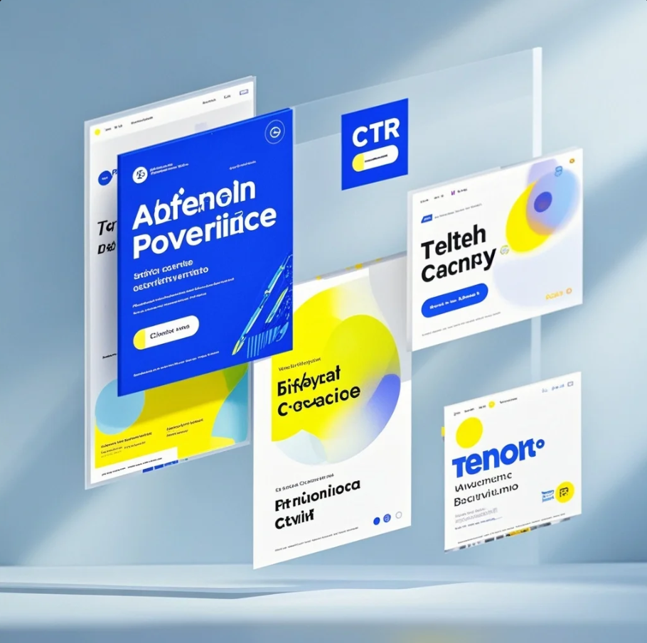 Tiga contoh banner iklan dengan hierarki teks jelas, CTA menonjol, dan visual produk yang rapi, disertai grafik CTR naik