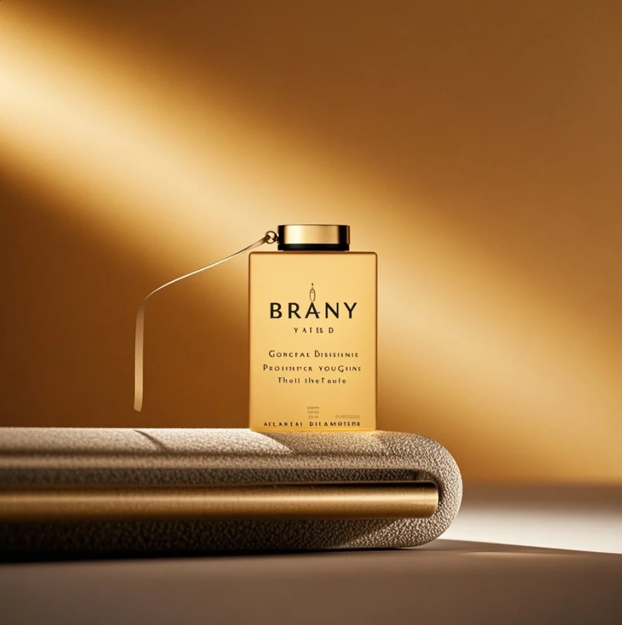 Moodboard brand dengan palet warna, tipografi, ikon, dan contoh layout yang menunjukkan karakter brand