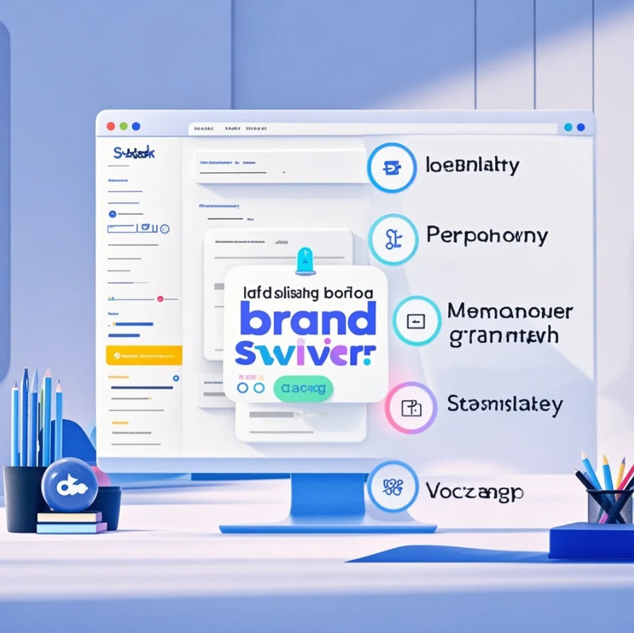 Ilustrasi tim marketing menyusun panduan brand voice di papan, dengan contoh tone, pilihan kata, dan ikon berbagai channel (Instagram, website, email