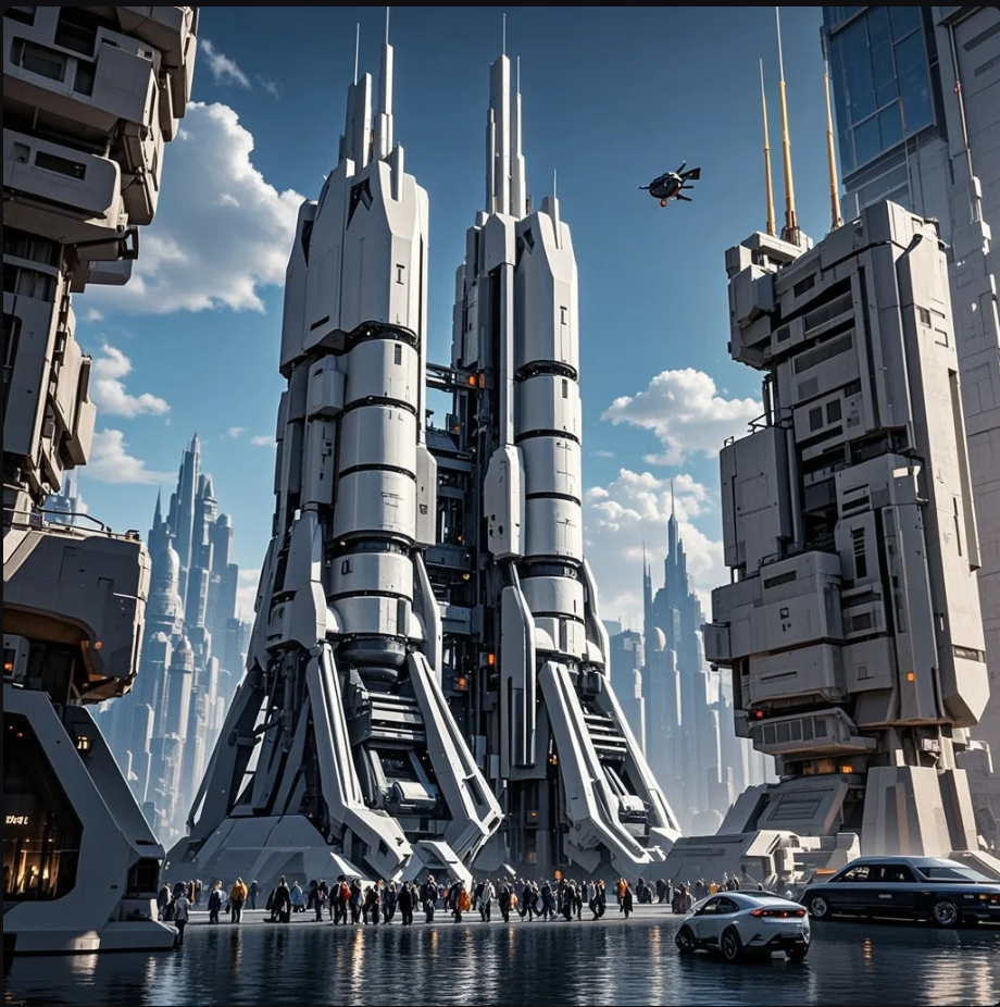 Ilustrasi kota futuristik dengan neon lights, hologram UI, dan elemen cyberpunk yang modern