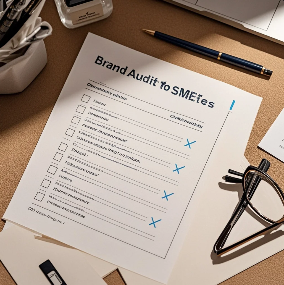 Pemilik UMKM memeriksa checklist brand audit di laptop dengan logo, warna brand, dan tampilan Instagram