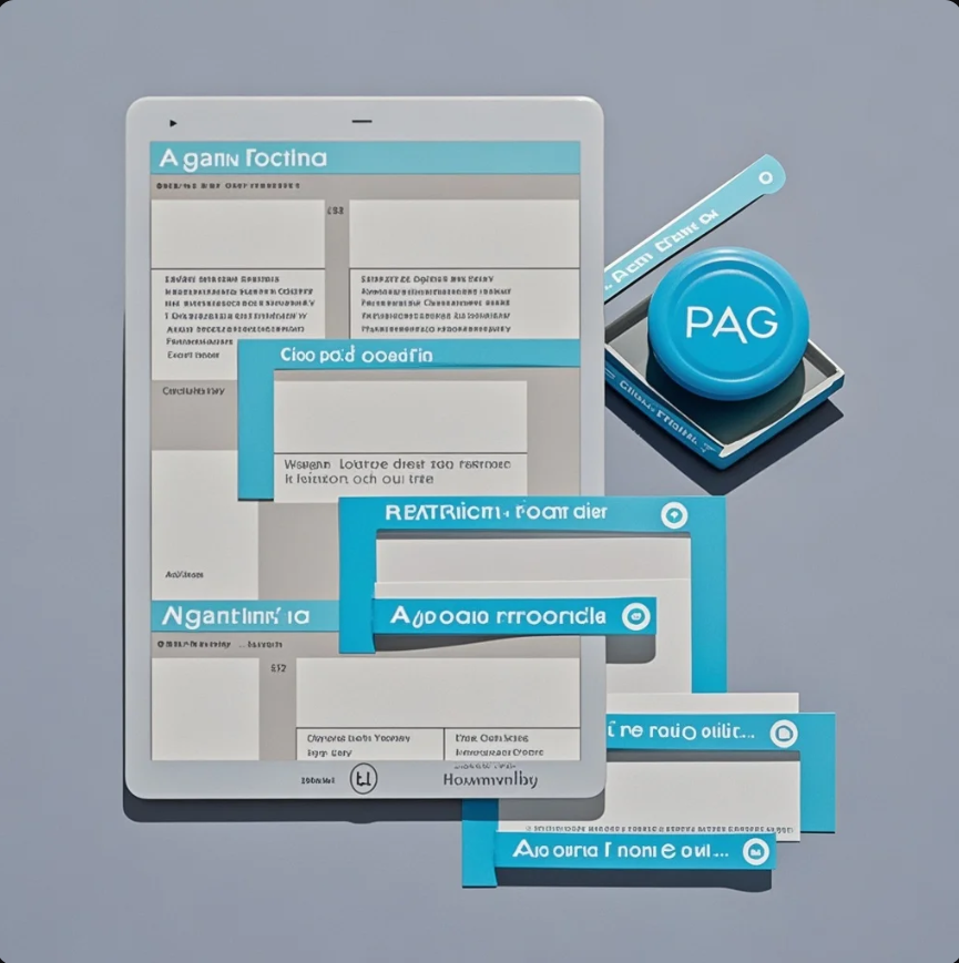 Kertas catatan berisi beberapa contoh tagline dengan pena dan elemen desain brand